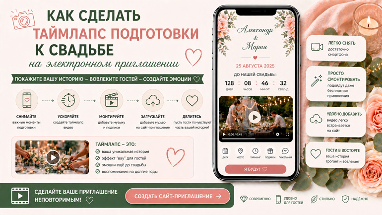 Таймлапс подготовки к свадьбе на сайте приглашении