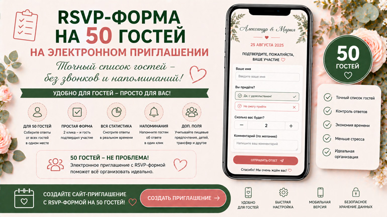 RSVP форма на 50 гостей свадьба