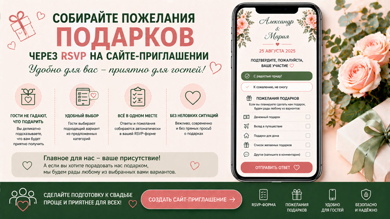 Пожелания подарков через RSVP на свадьбу